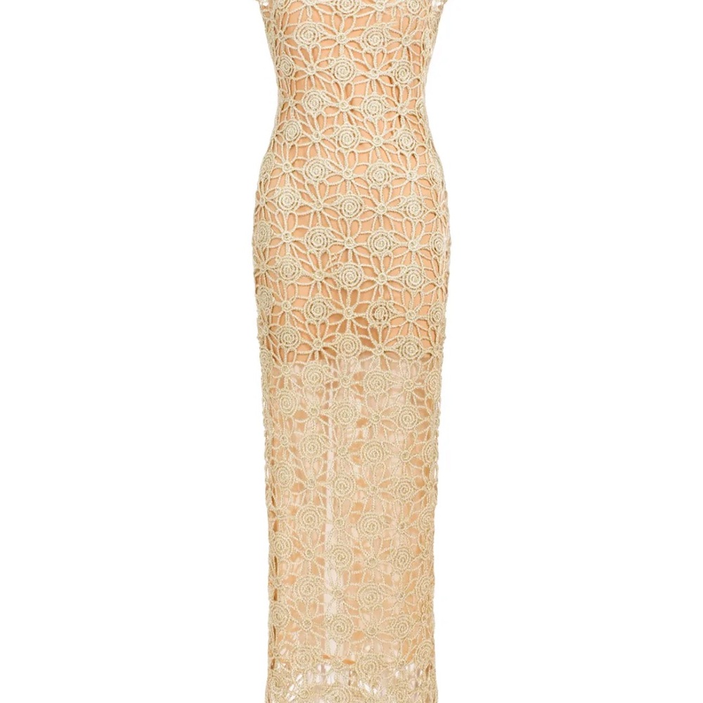 Sleeveless Gold Crochet Lace Maxi Dress with Floral Overlay